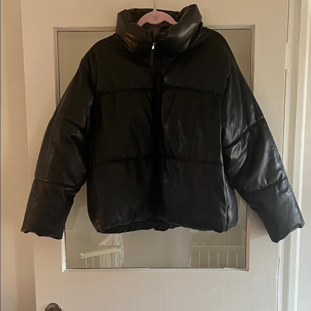 Old Navy Vegan Leather Black Puffer Jacket